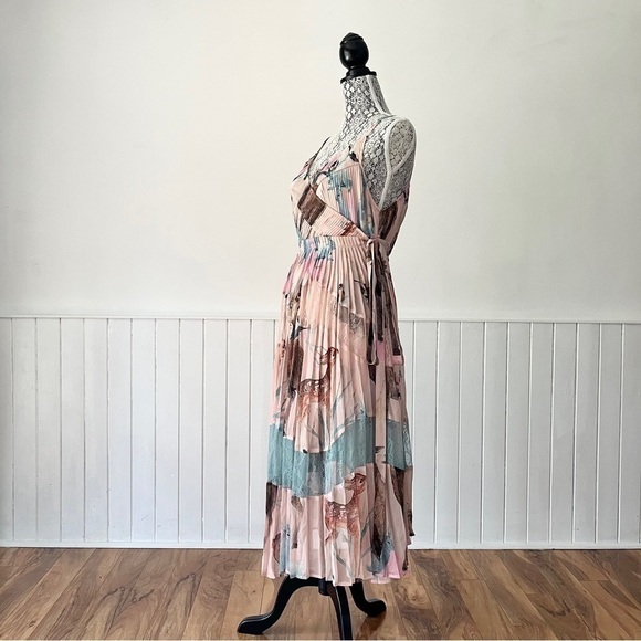 Pastel Chiffon Lace Patchwork Pleated Wrap Dress Size L - Picture 5 of 15